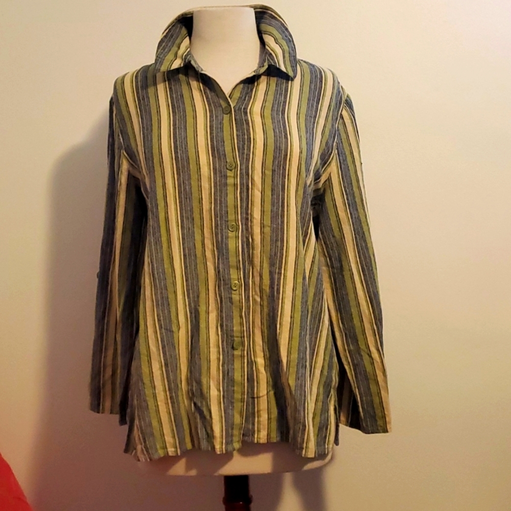 3 for $15 JM Collection Long Sleeve Striped Linen Blend Buttondown
